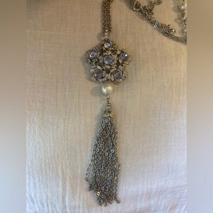 White House Black Market Light Periwinkle Stones‎ Tassel Faux Pearls Necklace